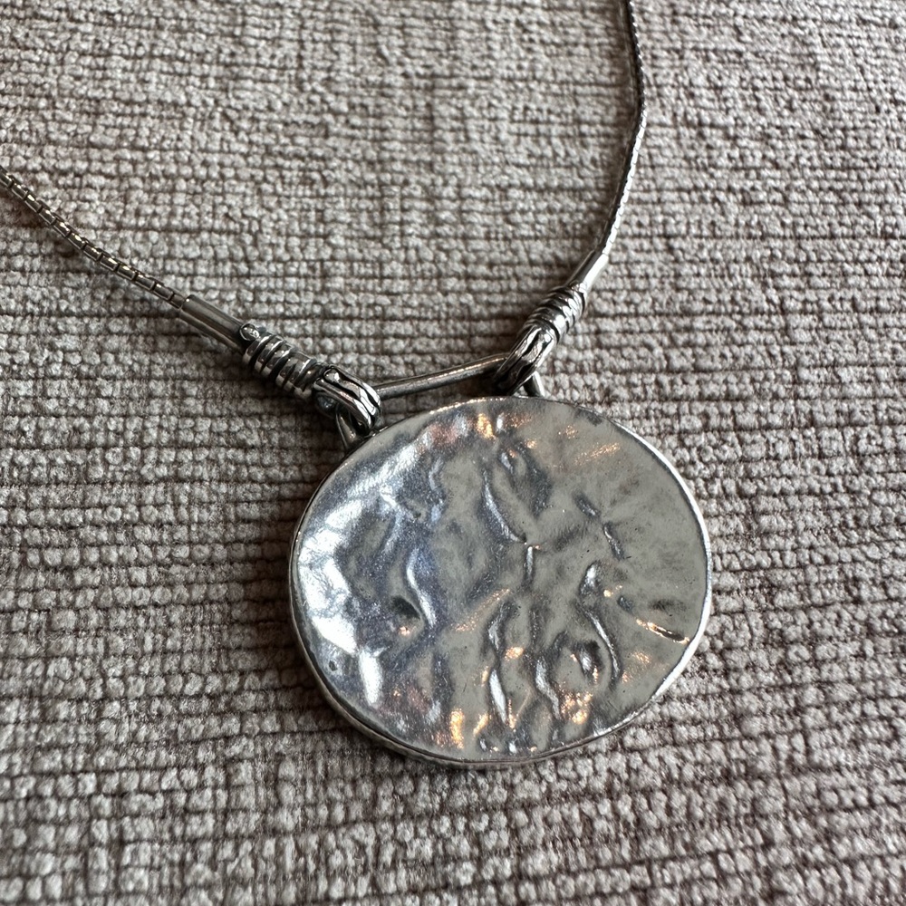 Detailed Sterling Silver Necklace Hammered Disc